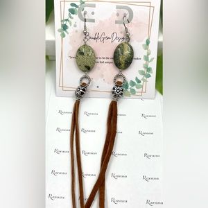 Trendy Boho Long Dangle Leather Earrings-Russian jade stones-Long Earrings